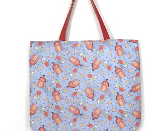 Reversible Chicken Rooster Print Tote Bag, Large Handmade Market Bag