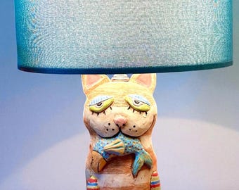 Handmade Ceramic Cat with Fish Table Lamp for Office, Nursery Whimsical 3-Way Bulb