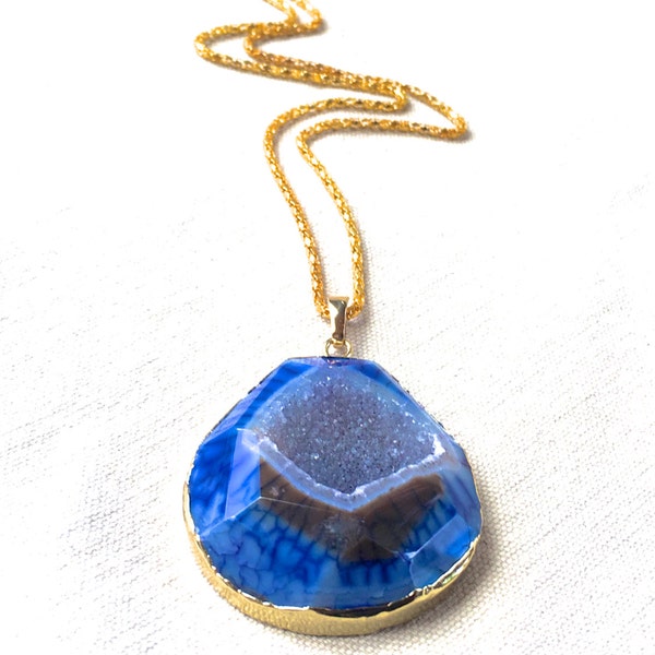 Blue Geode Necklace, agate slice druzy necklace natural stone necklace agate jewelry geode druzy pendant necklace leather necklace gold