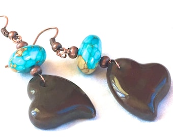 Copper Dangle Earrings: Turquoise & Ceramic Heart, Boho Jewelry