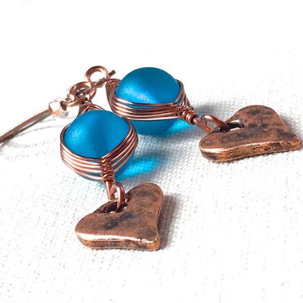 Copper and Turquoise Sea Glass Earrings, copper jewelry turquoise sea glass jewelry boho rustic jewelry heart earrings long