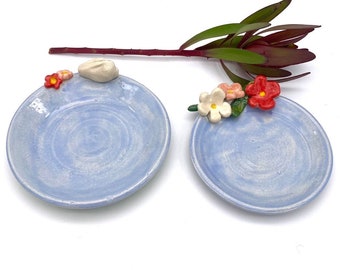 Light Blue Floral or Bunny Dish, trinket tray jewelry ring dish catch all plate  stoneware pottery ceramic dish handmade dishwasher safe