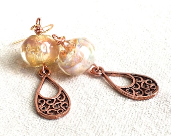 Bohemian Copper Earrings, fire "opal" lampwork glass bead earrings gold mixed metal earrings dangle earrings filigree earrings gift for her