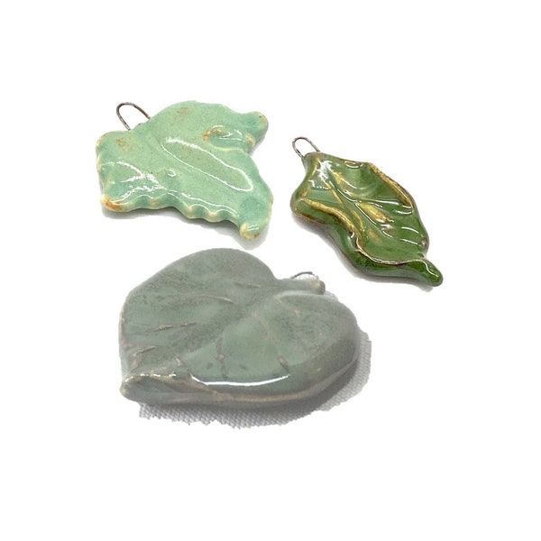 Porcelain Leaf Pendant, ceramic focal bead metallic green charm for diy handmade jewelry making supply finding for necklace nature natural