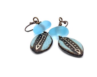 Earthy Ceramic Earrings arrow jewelry sea glass beads brown blue handmade artisan turquoise dangles drop earrings dangle