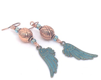 Copper Wing Earrings, patina angel wing dragon wing dangles boho chic style drop earrings bohemian jewelry vintage look earrings biker gift