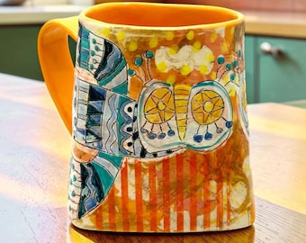 Taza de cerámica con diseño de búho, 532 ml (18 oz), grande, hecha a mano, de gres estilo bohemio.