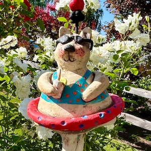 Handmade Ceramic Cat in Bikini Wind Chime: Whimsical Poolside Garden Art