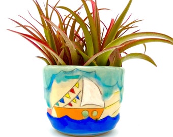 Small Sailboat Planter, sailing pot ceramic pottery stoneware coastal decor nautical beach sea ocean clipper boating yacht