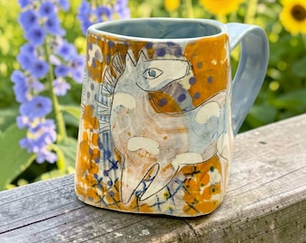 Taza de cerámica con diseño de caballo, 532 ml (18 oz), grande, hecha a mano, de gres estilo bohemio.