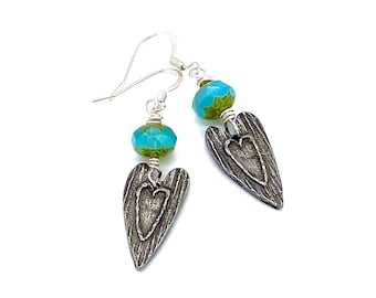 Pewter Heart Earrings, handmade blue Czech glass bead dangles dangle jewelry drop boho chic style love anniversary turquoise blue green