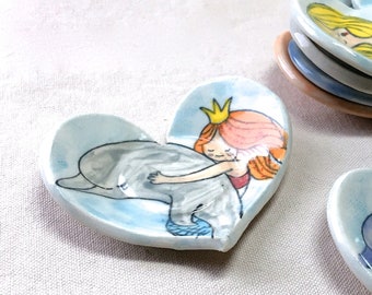 Ceramic Mermaid Heart Dish stoneware pottery dolphin tea bag rest trinket dish jewelry storage ring small under sea ocean lover hand painted