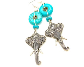 Turquoise Elephant Earrings, long dangles large artisan hand wrapped silver tone statement jewelry Ganapati Ganesha Ganesh large