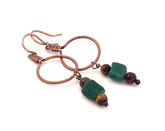 Teal Green African Trade Bead Earrings, copper stone earrings vintage trade bead bohemian jewelry hoop earrings dangle drop dainty small