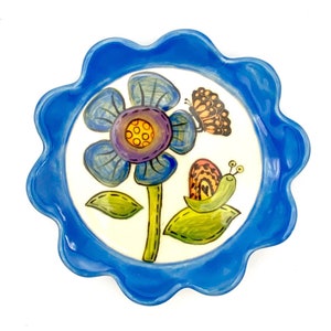 Blue Flower Plate, ceramic dish dessert tapas plate appetizer soap dish garden stoneware pottery handmade snail monarch butterfly handmade image 1