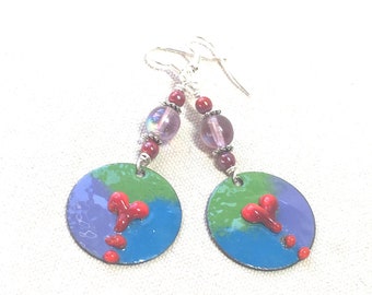 Red Heart Earrings, beaded copper enamel dangles rainbow jewelry purple blue lime green hippie drop earrings silver love artisan handmade