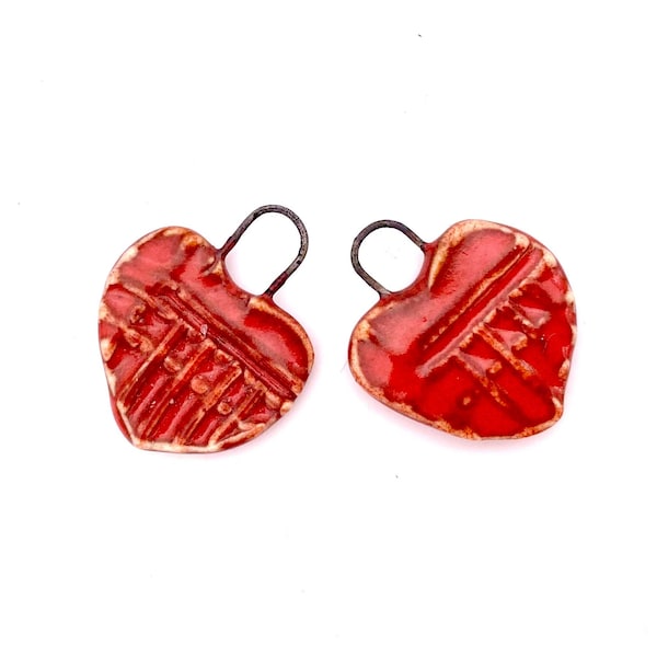 Rustic Red Heart Charms for jewelry making earrings diy handmade supply ceramic pottery bead textured earthy set of two 2