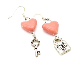 Pink Ceramic Heart Earrings, lock and key to my heart your dangle earrings drop 9th anniversary ninth pottery boho chic bohemian love gift