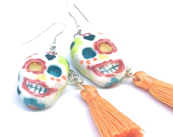 Porcelain Skull Earrings, ceramic Day of the Dead earrings hand painted tassel bohemian jewelry boho chic style colorful sugar skull