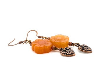 Floral Copper Heart Drop Earrings, peach jade orange handmade dangles boho chic bohemian seventh 7th anniversary gift valentines day