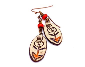 Delicate Ceramic Earrings little man person tribal ethnic native pattern brown orange small dangle earrings dangles boho bohemian