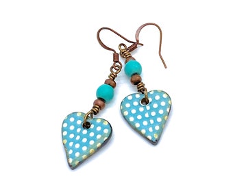 Porcelain Heart Earrings, turquoise dangles copper jewelry drop earrings light blue polka dot country cowgirl earrings ceramic handmade boho