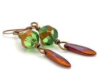Czech Crystal Drop Earrings: Green & Copper Dangles, Handmade Artisan Jewelry