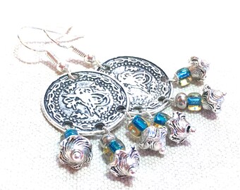 Vintage Coin Earrings, blue dangle earrings silver blue costume jewelry bohemian earrings boho chandelier earrings faux coin