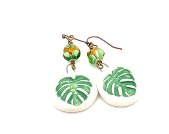 Porcelain Monstera Leaf Earrings, ceramic handmade dangles green boho earthy jewelry simple drop earrings copper brass  plant lover garden