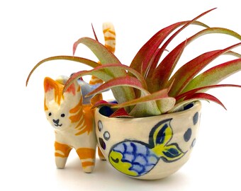 Orange Cat Air Plant Holder, ceramic plant display kitty cat lover plant small planter bird ladybug desk decor office gift teen decor dorm