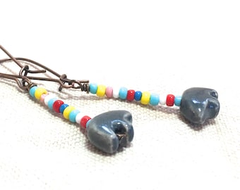 Colorful Zuni Bear Earrings, Southwestern fetish bear earrings Native American inspired jewelry ceramic clay bear long small earrings boho