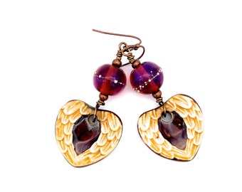 Heart Wings Dangle Earrings: Porcelain Ceramic, Lampwork Glass Beads Angel Dragon Bereavement