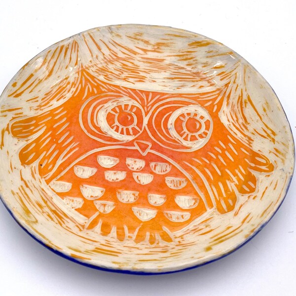 Owl Plate, ceramic dish dessert tapas plate appetizer soap dish bird stoneware pottery handmade orange owl lover