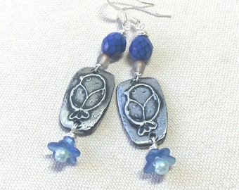 Blue Bird Earrings, artisan pewter beads floral dangles drop earrings nature bluebird lover watcher earthy spring summer bohemian jewelry