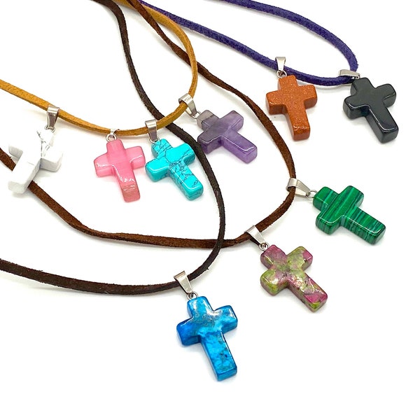 Unisex Cross Necklace simple small crucifix stone pendant on faux leather cord men women teen Christian Amethyst Tiger Eye Turquoise lapis