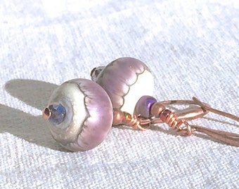 Purple & Copper Earrings lavender bohemian jewelry boho lampwork glass bead small dangle earrings delicate drop gift for mom for girlfriend