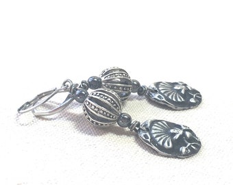 Pewter Earrings, gunmetal grey dangles gray drop earrings leaverback jewelry neutral thistle flower floral boho jewelry handmade artisan