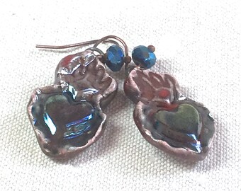 Porcelain Sacred Heart Earrings, handmade ceramic jewelry raku fired drop earrings copper iridescent folk art hearts flames fire religious