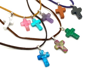 Unisex Cross Necklace simple small crucifix stone pendant on faux leather cord men women teen Christian Amethyst Tiger Eye Turquoise lapis