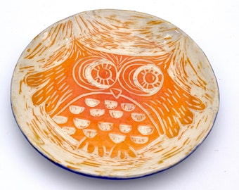 Owl Plate, ceramic dish dessert tapas plate appetizer soap dish bird stoneware pottery handmade orange owl lover