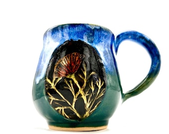 Orange Poppy Mug, coffee cup tea California state flower handmade stoneware pottery blue teal green sgraffito 12 oz 11 10