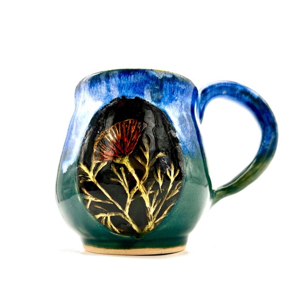 Orange Poppy Mug, coffee cup tea California state flower handmade stoneware pottery blue teal green sgraffito 12 oz 11 10