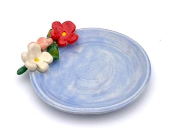 Light Blue Floral Dish, trinket tray jewelry ring dish catch all plate  stoneware pottery ceramic dish handmade dishwasher safe garden roses