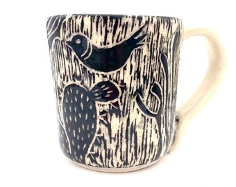 Cactus with Birds Mug, coffee cup tea black white desert sun handmade stoneware pottery boho 10 oz beverage ware drink bar