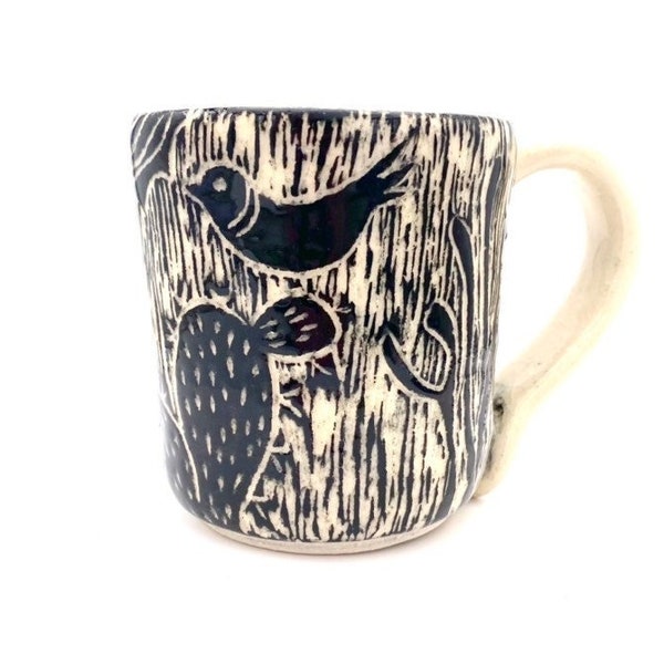 Cactus with Birds Mug, coffee cup tea black white desert sun handmade stoneware pottery boho 10 oz beverage ware drink bar