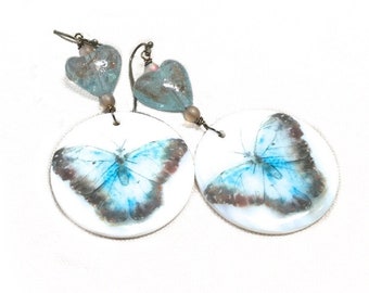 Watercolor Blue Butterfly Earrings, lampwork glass heart beads gold painted dangles long earrings large drop Spring jewelry moth garden