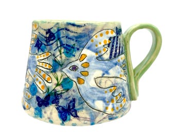 Ceramic Boho Bird Mug 8 oz Stackable Ceramic Cup Handmade