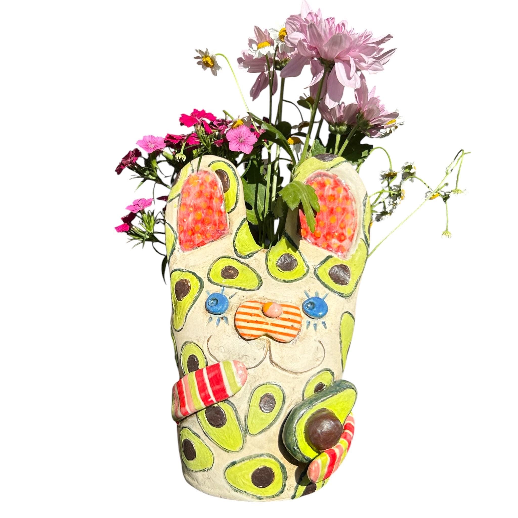 Whimsical Ceramic Bunny Vase: Handmade Avocado Decor, Stoneware Pottery ...