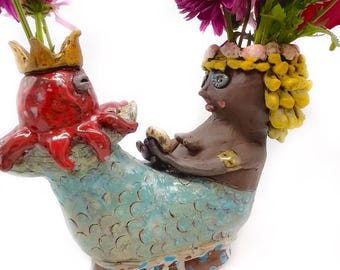 Handmade Ceramic Mermaid Vase: Whimsical Octopus Stoneware Pottery