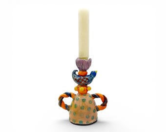 Colorful Handmade Ceramic Bluebird Candle Holder Whimsical Candlestick